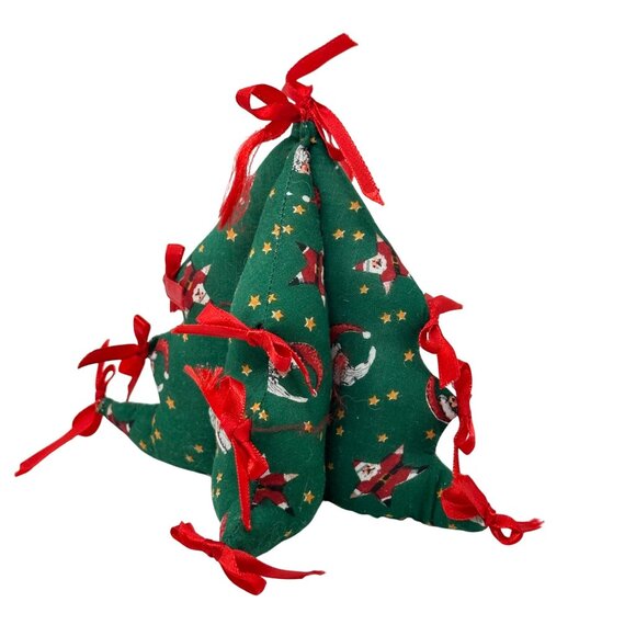 Vintage Fabric Christmas Tree Santa Red Ribbon Holiday 6 In Tiered Tray Decor - Picture 4 of 10
